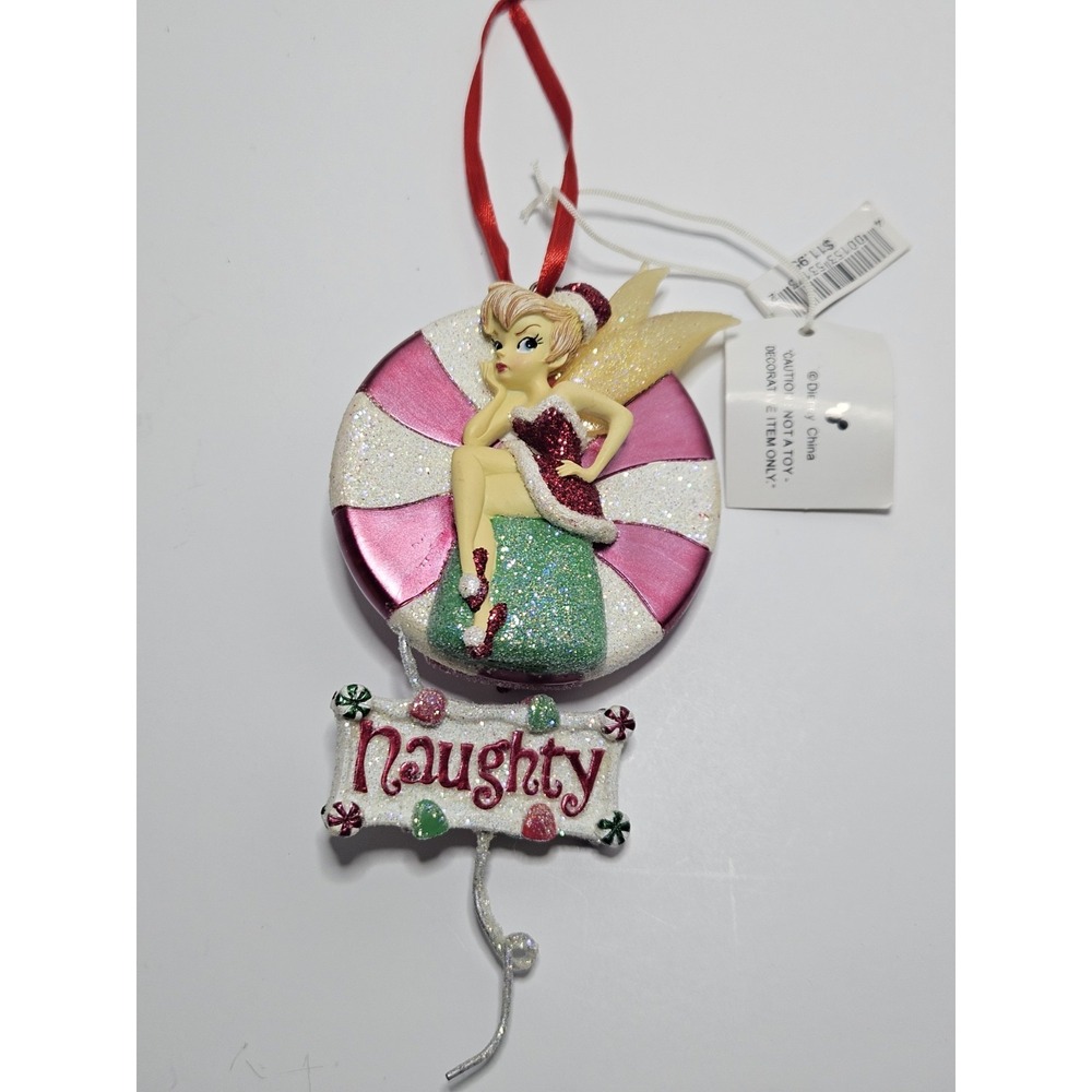 Disney‎ Tinker Bell Naughty Nice Spinning Christmas Ornament Glitter Peppermint